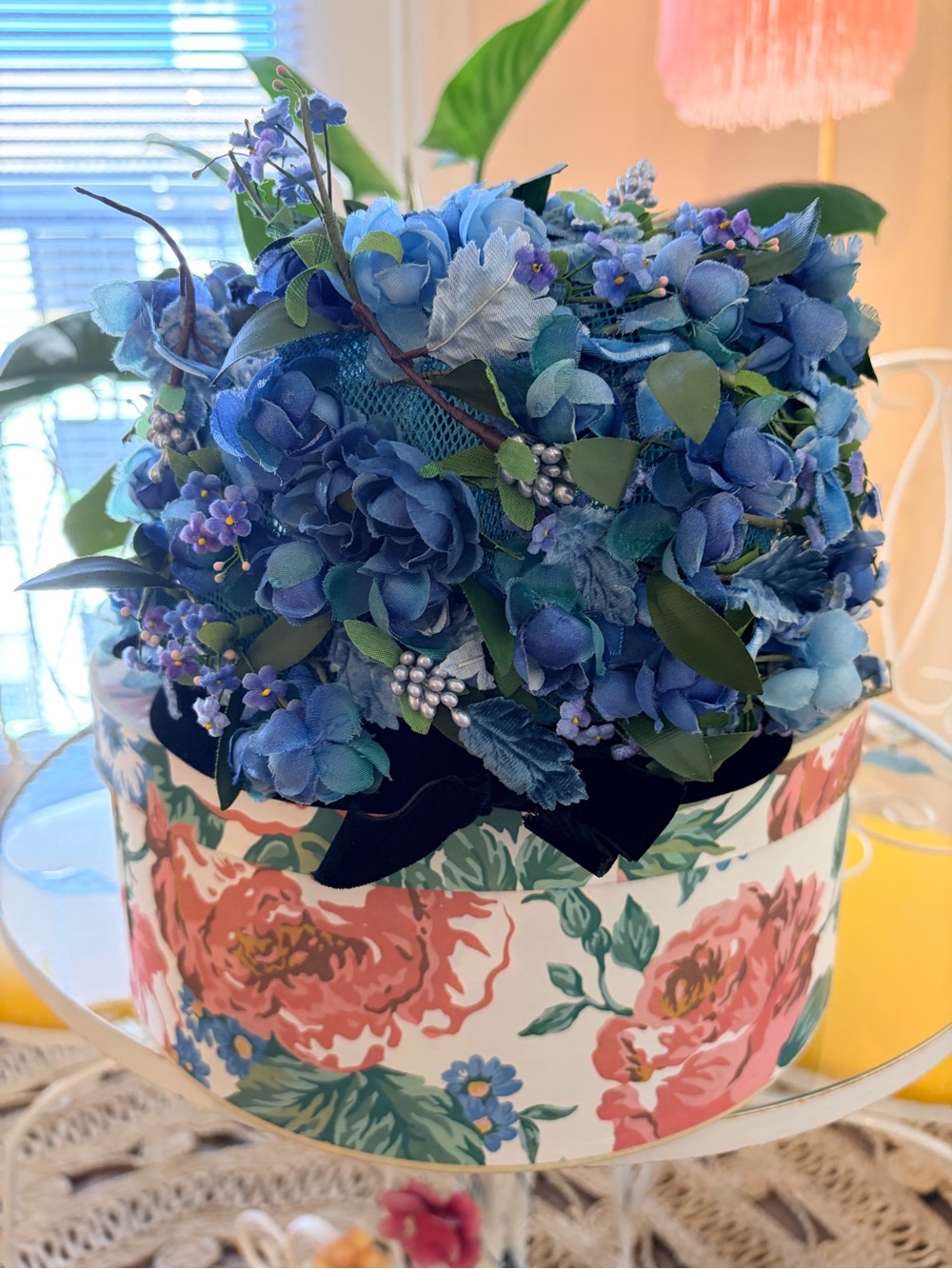 Blue Artificial Hydrangea Pill Box hat